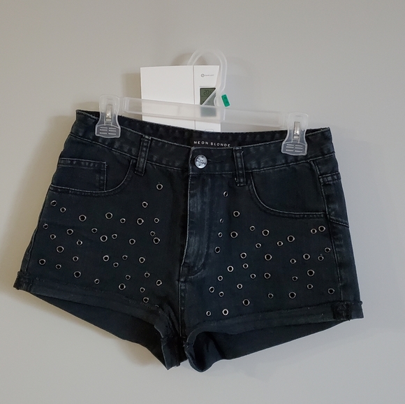 Neon Blonde Vixen Denim Jean Shorts Metal Eyelet Embellishments - Picture 2 of 6